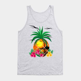Pineapple Tropical Sunset, PalmTree and Flowers Tank Top